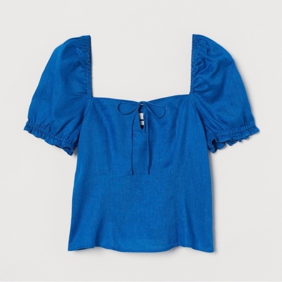 H&M Blue Linen Smocked Puff Sleeve Top- 100% Linen - Picture 1 of 5